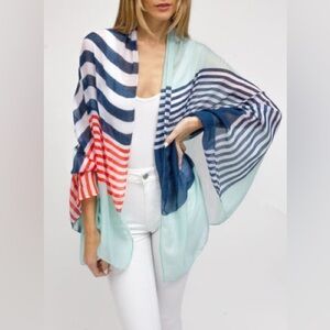 Multi Nautical Striped Lightweight Kimono Shawl in Navy, Mint & Coral